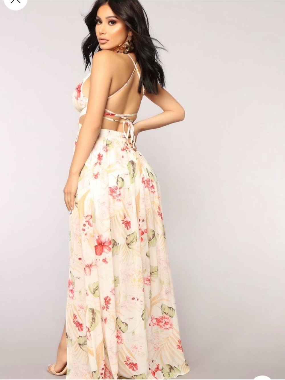 Fashion Nova Cream Floral Halter Maxi Dress with Pink Accents - Picture 2 of 5